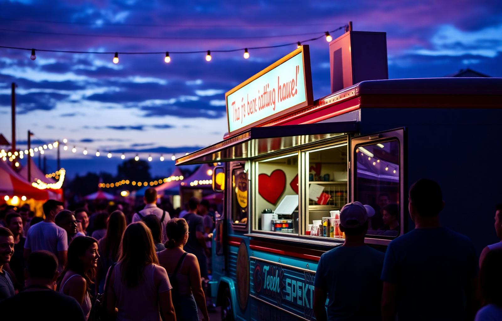 Food truck serving customers at a festival at dusk