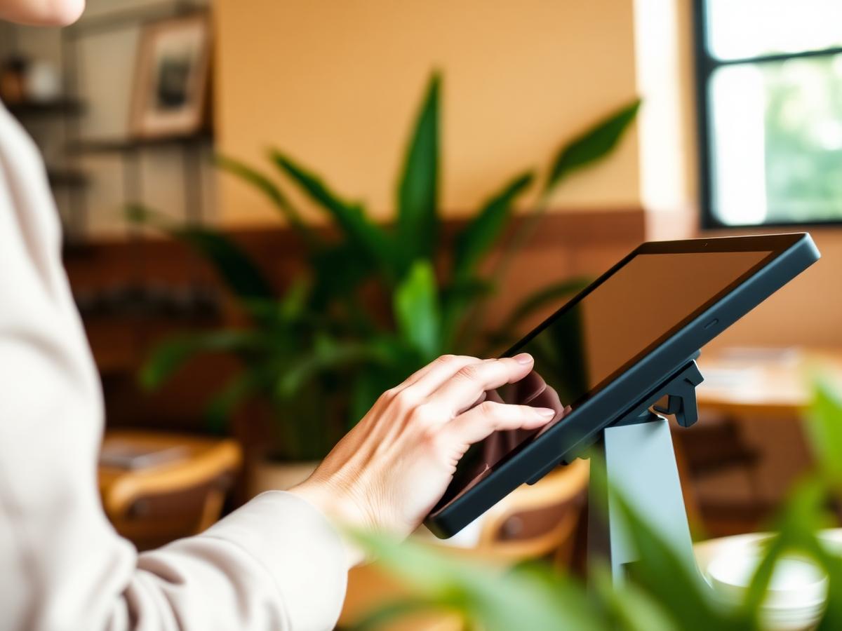 Server using a tablet POS in a café